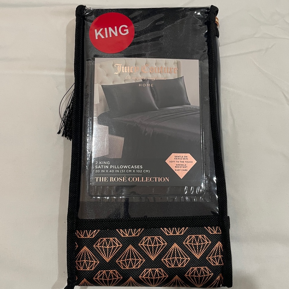 NEW Juicy Couture Home‎ Black Satin King Pillowcase Set 2pc The Rosé Collection